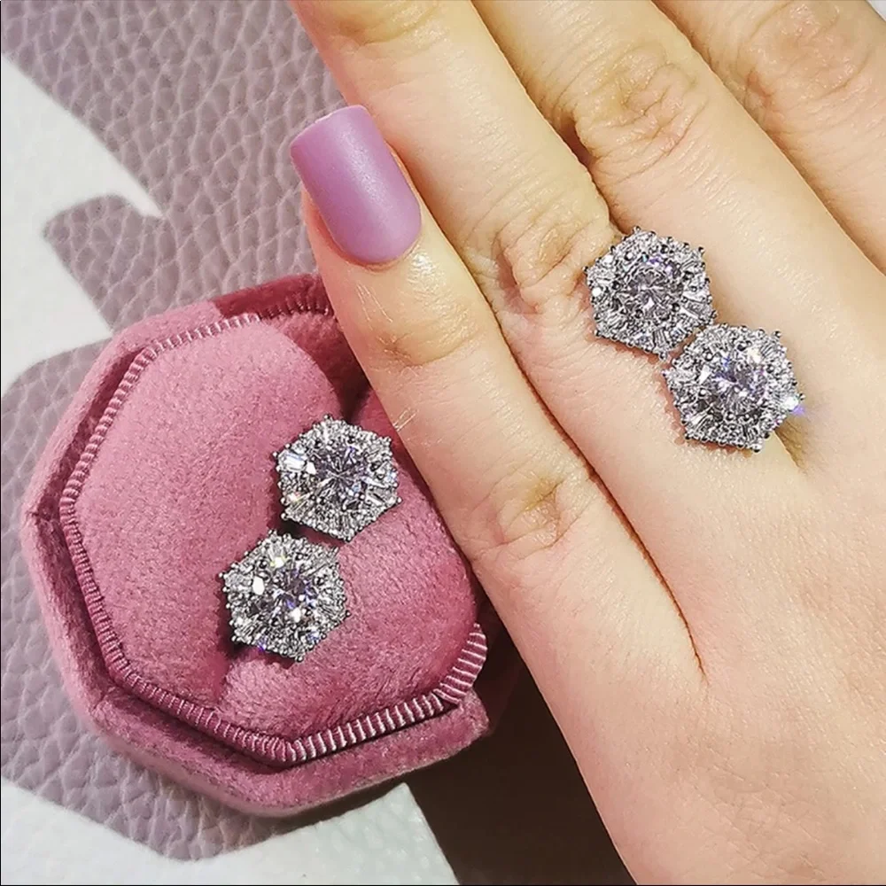 New 925 Silver Six Corners Beautiful Diamond Earrings - Picture 5 of 5